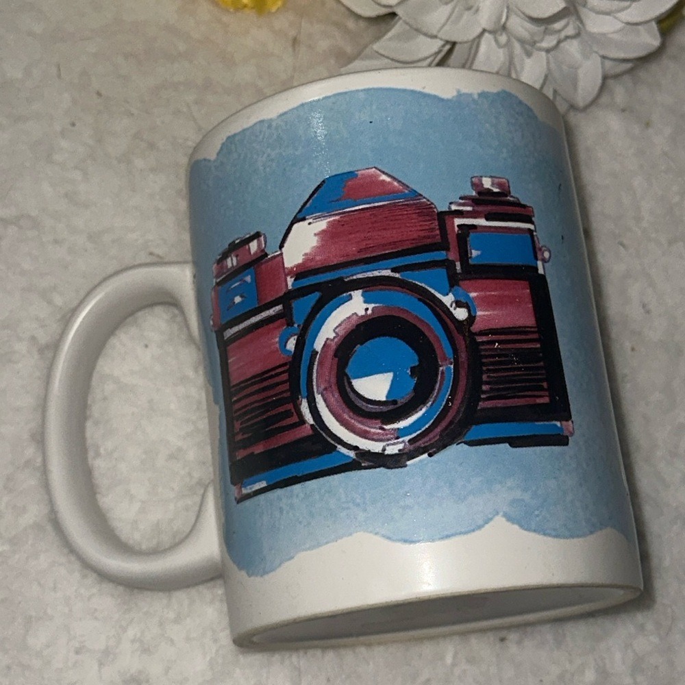 Primitives by Kathy Smile Vintage Camera Watercolor Ceramic Coffee Mug Blue Red